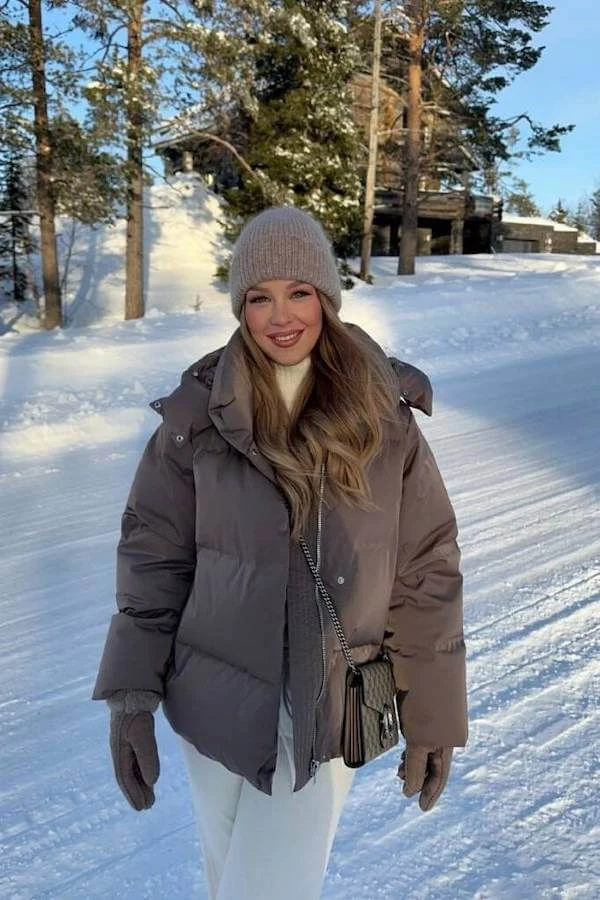 Brown Puffer Jacket White Jeans Winter Outfit