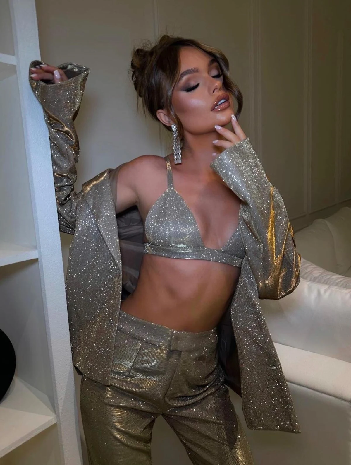 Gold Sparkle Three-Piece Suit Outfit with Bralette