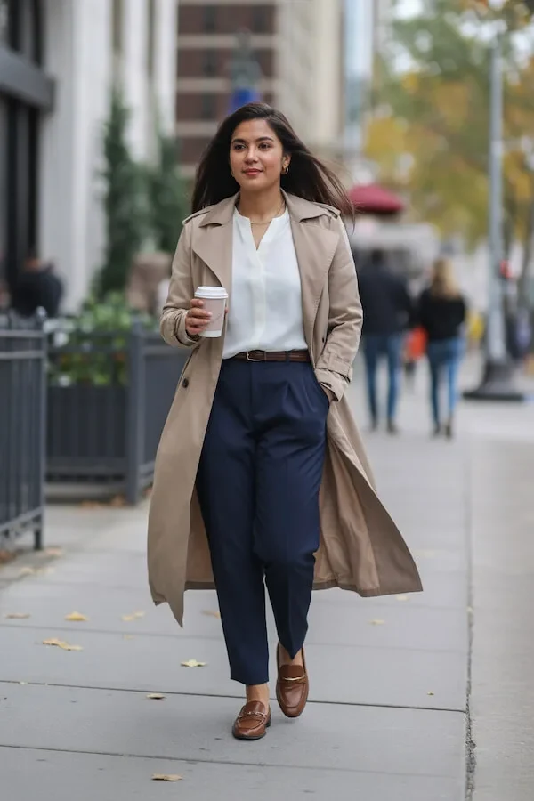 Beige Trench Coat Navy Trousers White Blouse Outfit