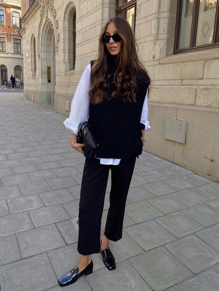 Black Knit Vest White Shirt Outfit with Cropped Trousers