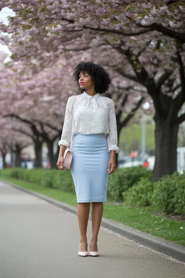 Light Blue Pencil Skirt with Floral Blouse Spring Outfit