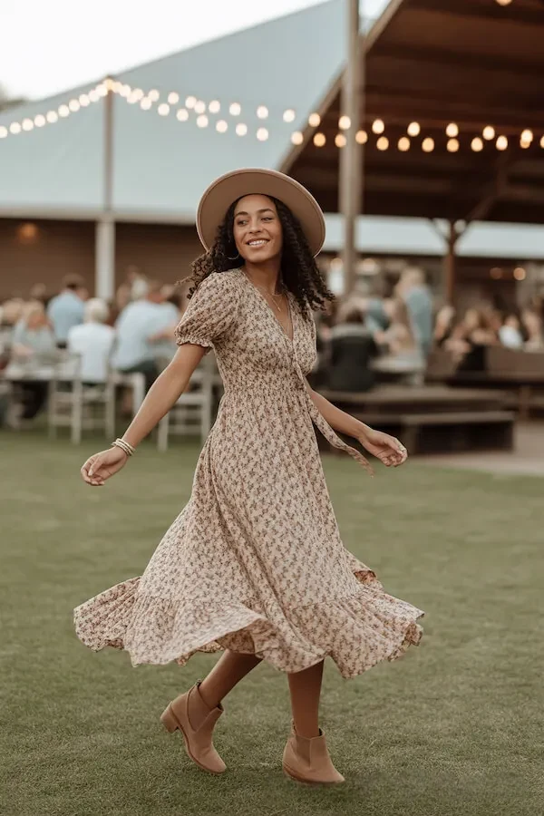 Floral Midi Dress with Puff Sleeves and Wide-Brim Hat for Outdoor Events