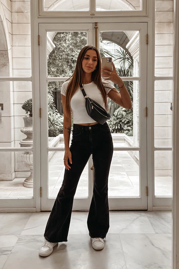White Crop Top Black Flare Jeans Outfit
