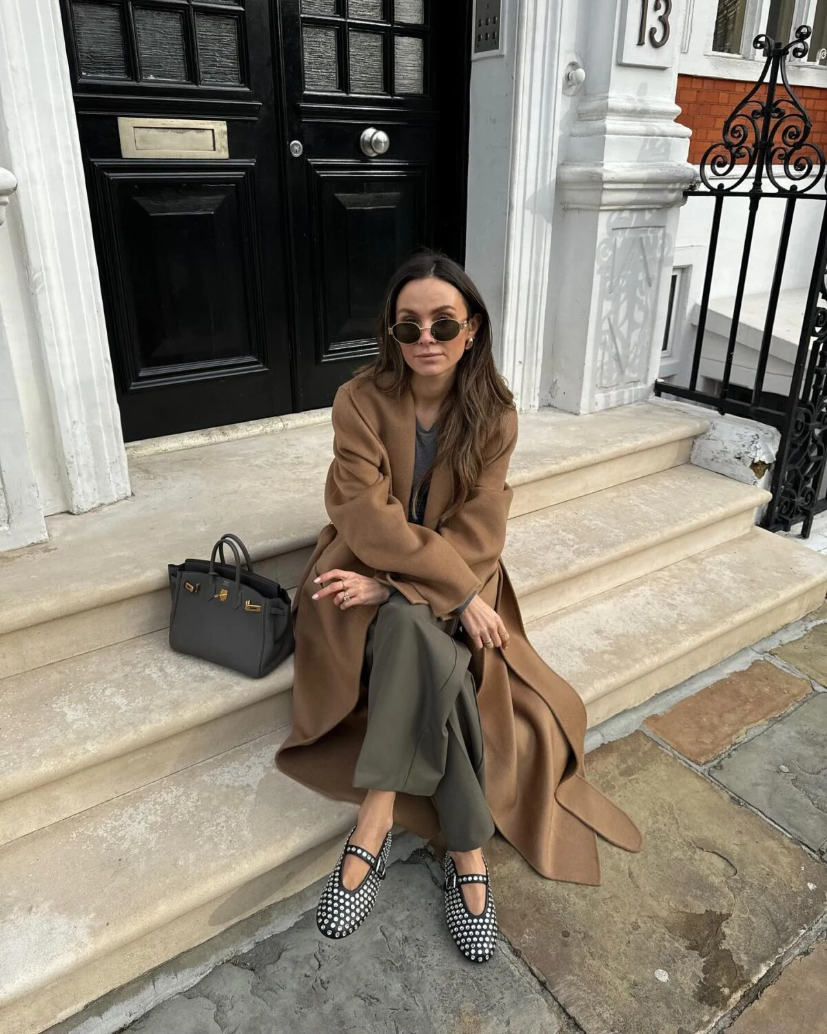 Camel Coat Olive Trousers Studded Flats Outfit