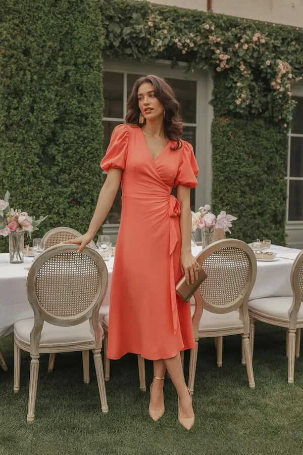 Coral Puff Sleeve Wrap Dress with Bow Detail for Garden Party
