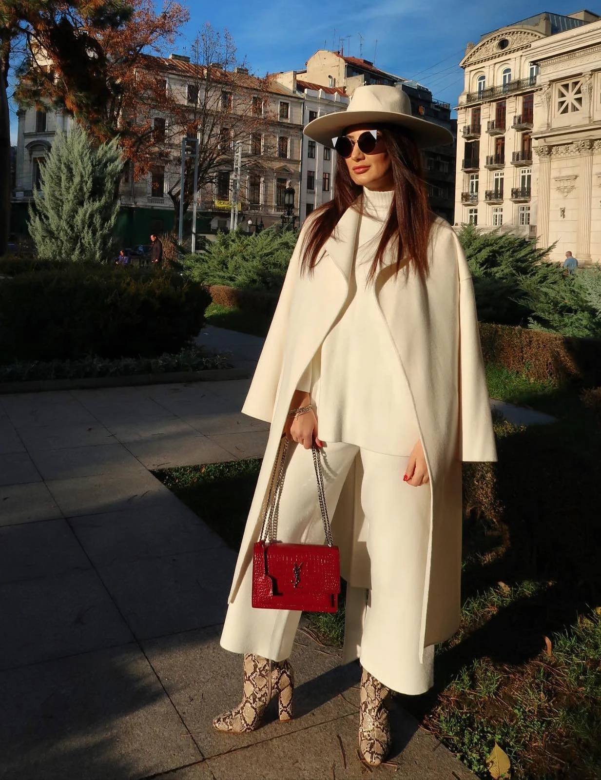 Cream Cape Coat Outfit with Wide-Leg Trousers