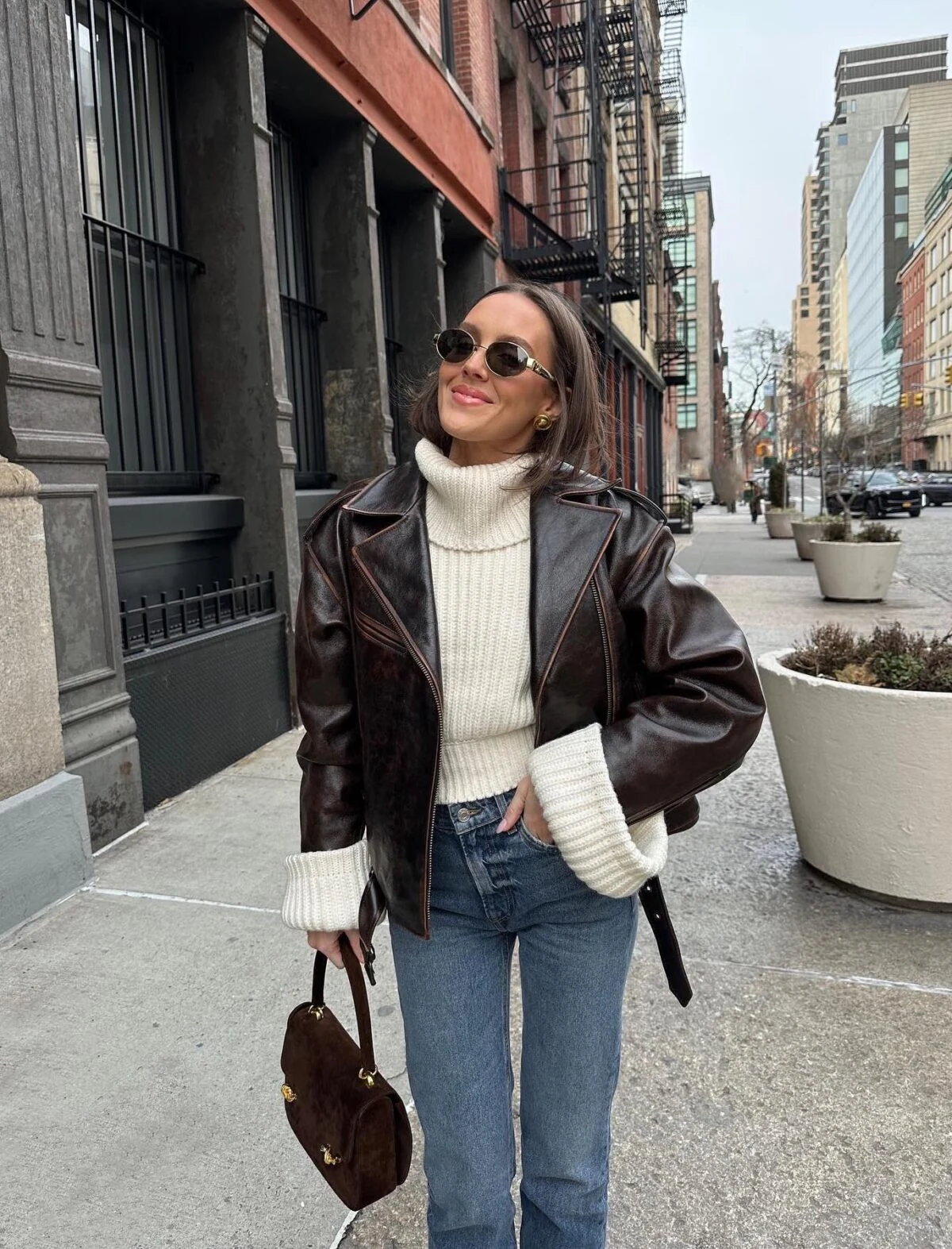Chocolate Brown Leather Jacket Outfit with Cream Turtleneck