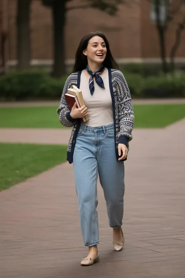 Navy Fair Isle Cardigan with Light Wash Jeans and Silk Scarf