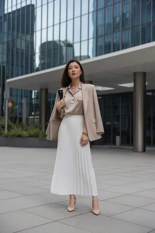 Beige Blazer White Pleated Midi Skirt Neutral Layered Office Outfit