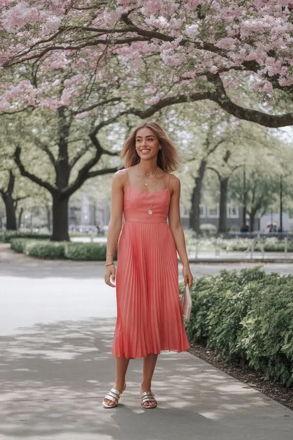 Coral Pink Pleated Midi Dress with Delicate Gold Necklace Layers