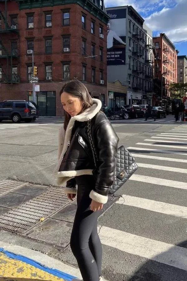 Black Shearling Aviator Jacket Outfit with Leggings