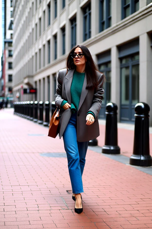 Grey Blazer Outfit with Emerald Sweater and Blue Trousers