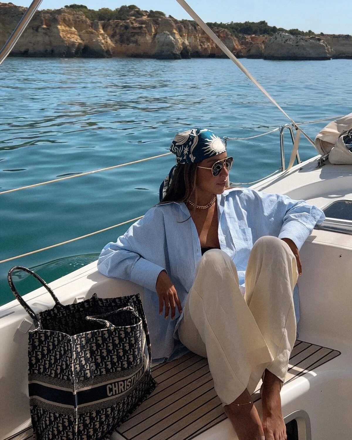Blue Striped Shirt Beige Linen Trousers Boat Outfit