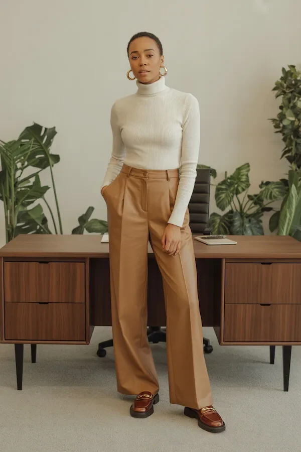 Cream Turtleneck Camel Wide-Leg Trousers Outfit