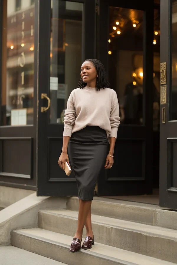 Beige Sweater Black Leather Skirt Loafer Outfit