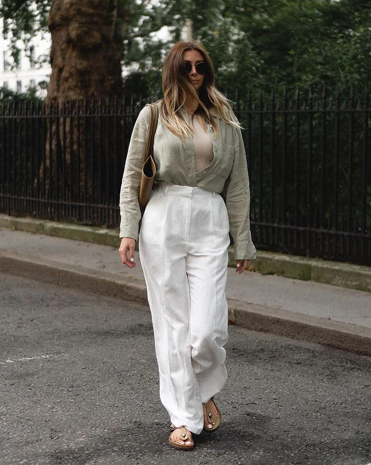 Sage Linen Shirt White Wide-Leg Trouser Outfit