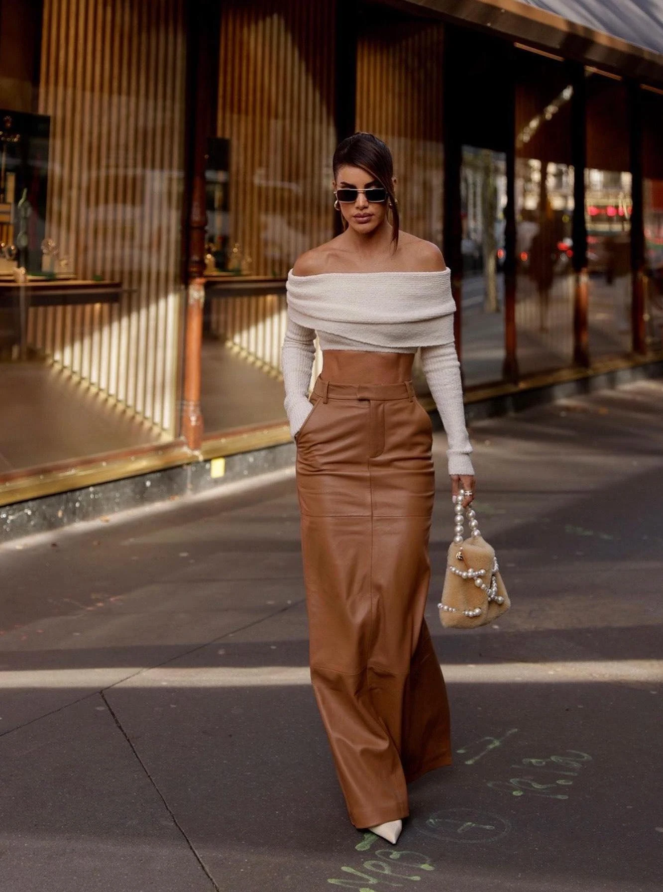 Off-Shoulder Knit with Camel Leather Wide-Leg Trousers