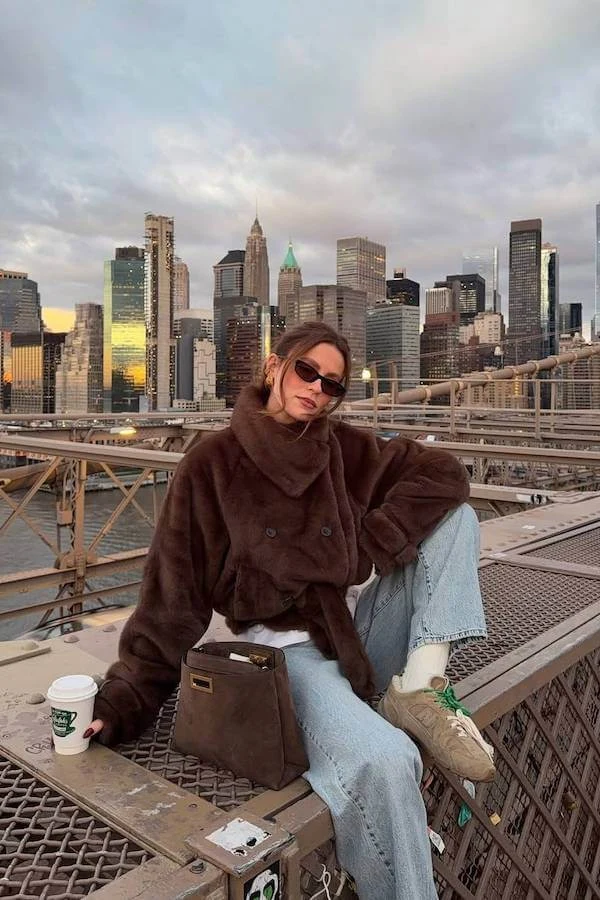 Brown Teddy Fleece Jacket Outfit with Light Wash Jeans