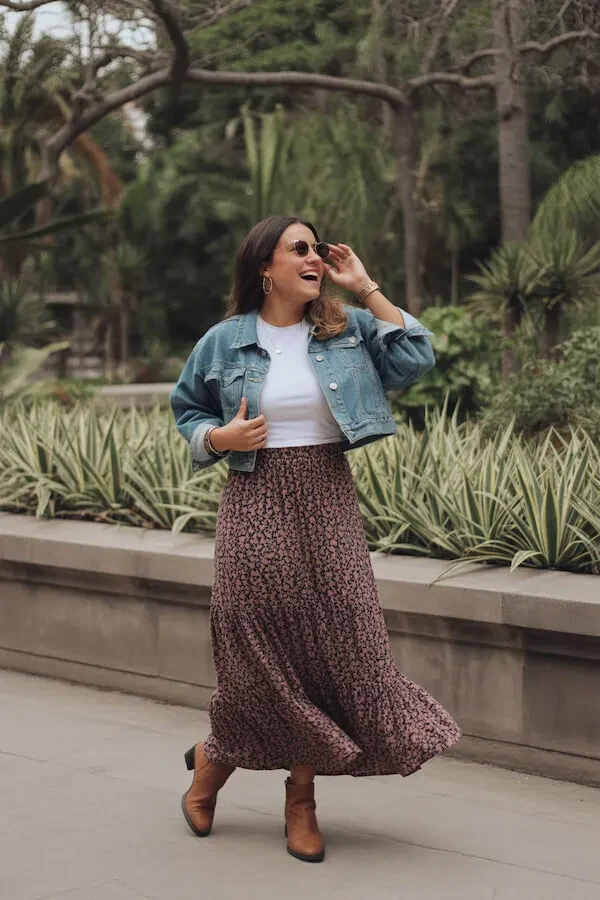 Denim Jacket White Tee Floral Midi Skirt Brown Ankle Boots