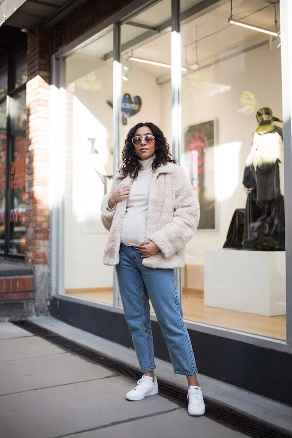 Cream Teddy Jacket Outfit with White Turtleneck and Jeans