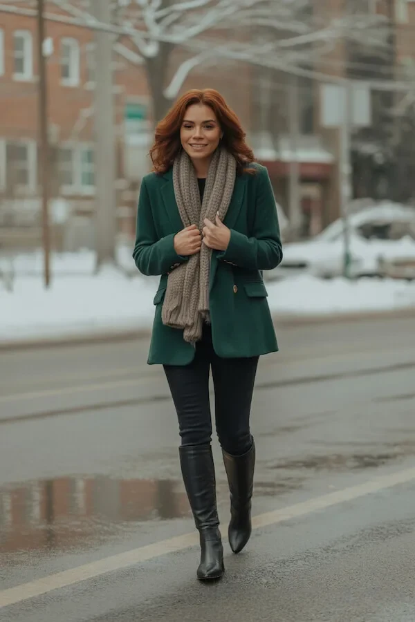 Emerald Green Blazer with Black Skinny Jeans and Knee-High Boots