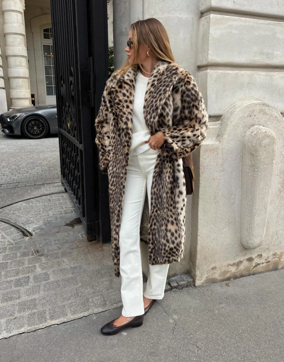 Leopard Coat Outfit with White Jeans and Ballet Flats