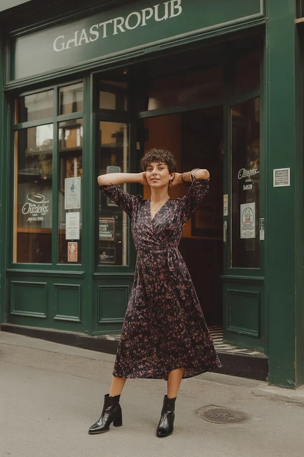 Dark Floral Wrap Dress Outfit with Black Ankle Boots