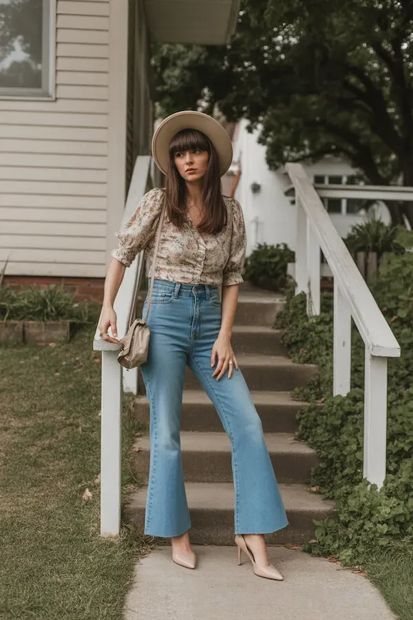 Floral Puff Sleeve Blouse with High-Waisted Flare Jeans and Straw Hat