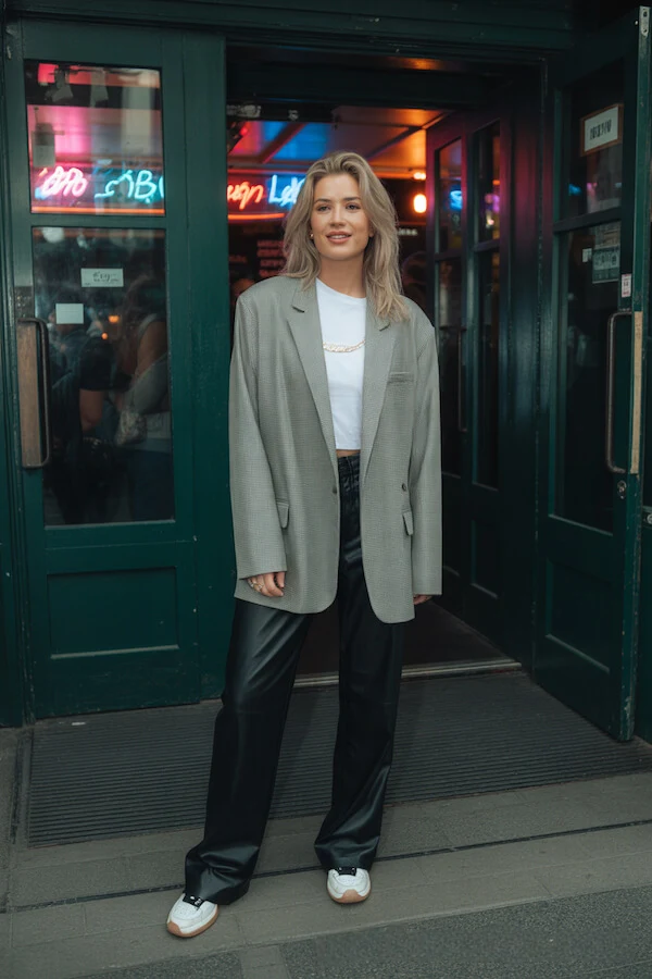 Sage Green Oversized Blazer with Leather Wide-Leg Trousers and White Cropped Tee