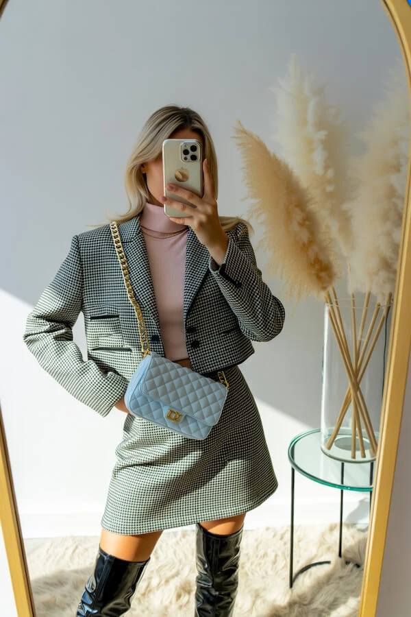 Houndstooth Blazer Mini Skirt Suit with Pink Bodysuit