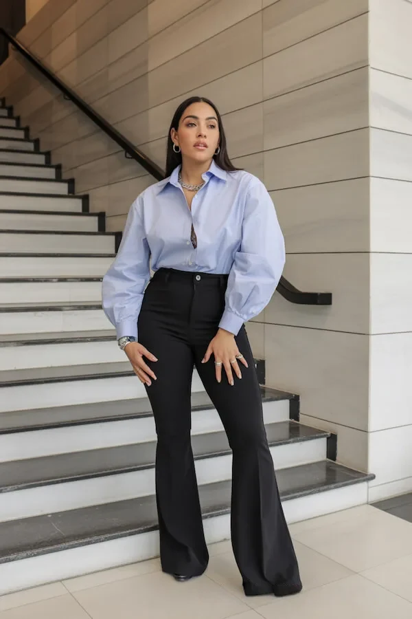 Light Blue Oversized Shirt Black Flare Trousers Outfit