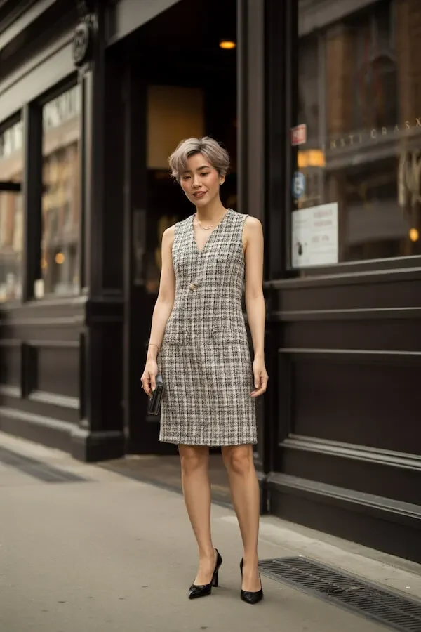 Grey Tweed Dress Outfit with Black Pumps