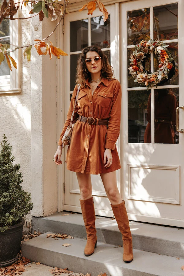 Rust Orange Shirt Dress Outfit with Knee-High Boots