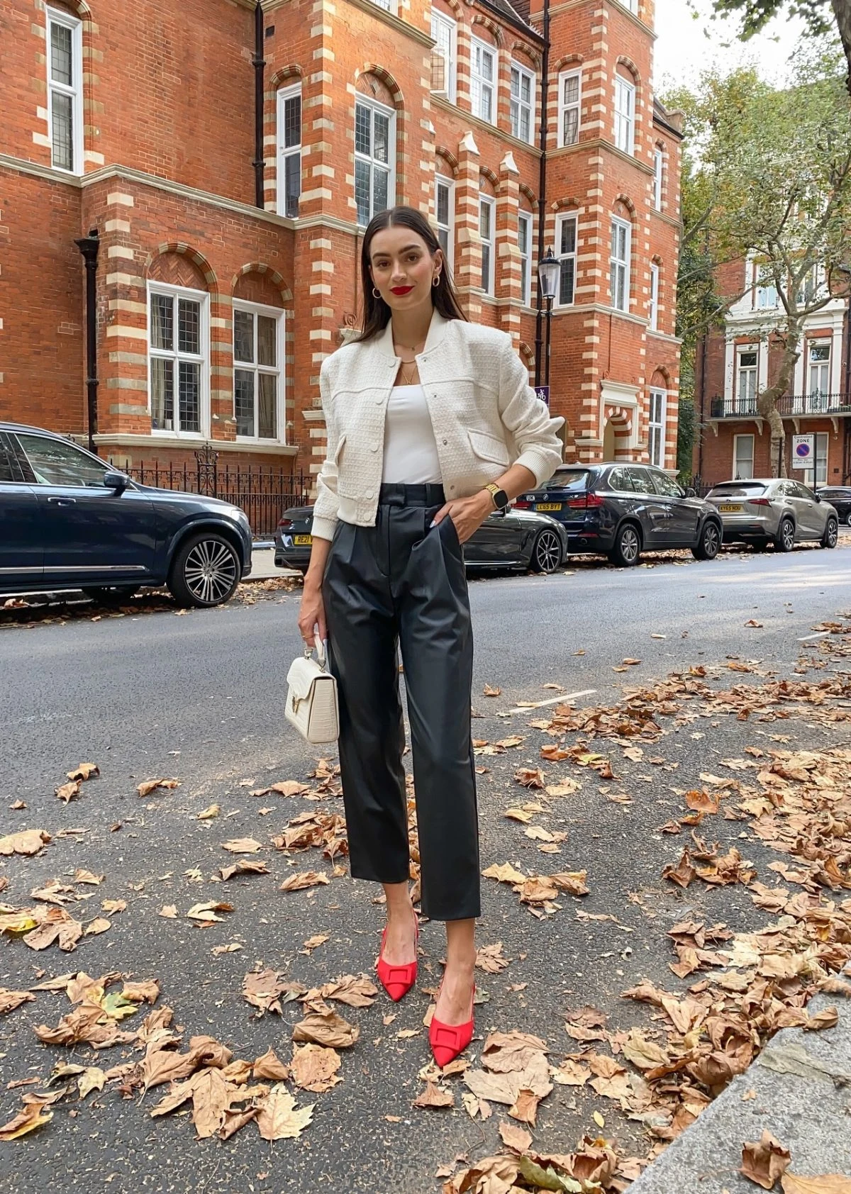 Cream Tweed Jacket Black Leather Trousers Red Heels Outfit