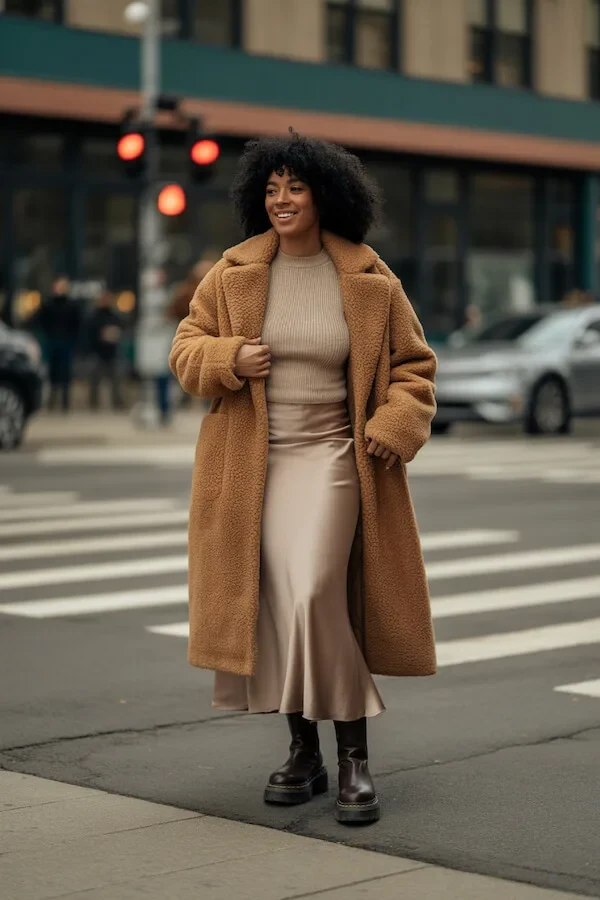 Camel Teddy Coat Beige Knit Silk Skirt Outfit with Chunky Boots