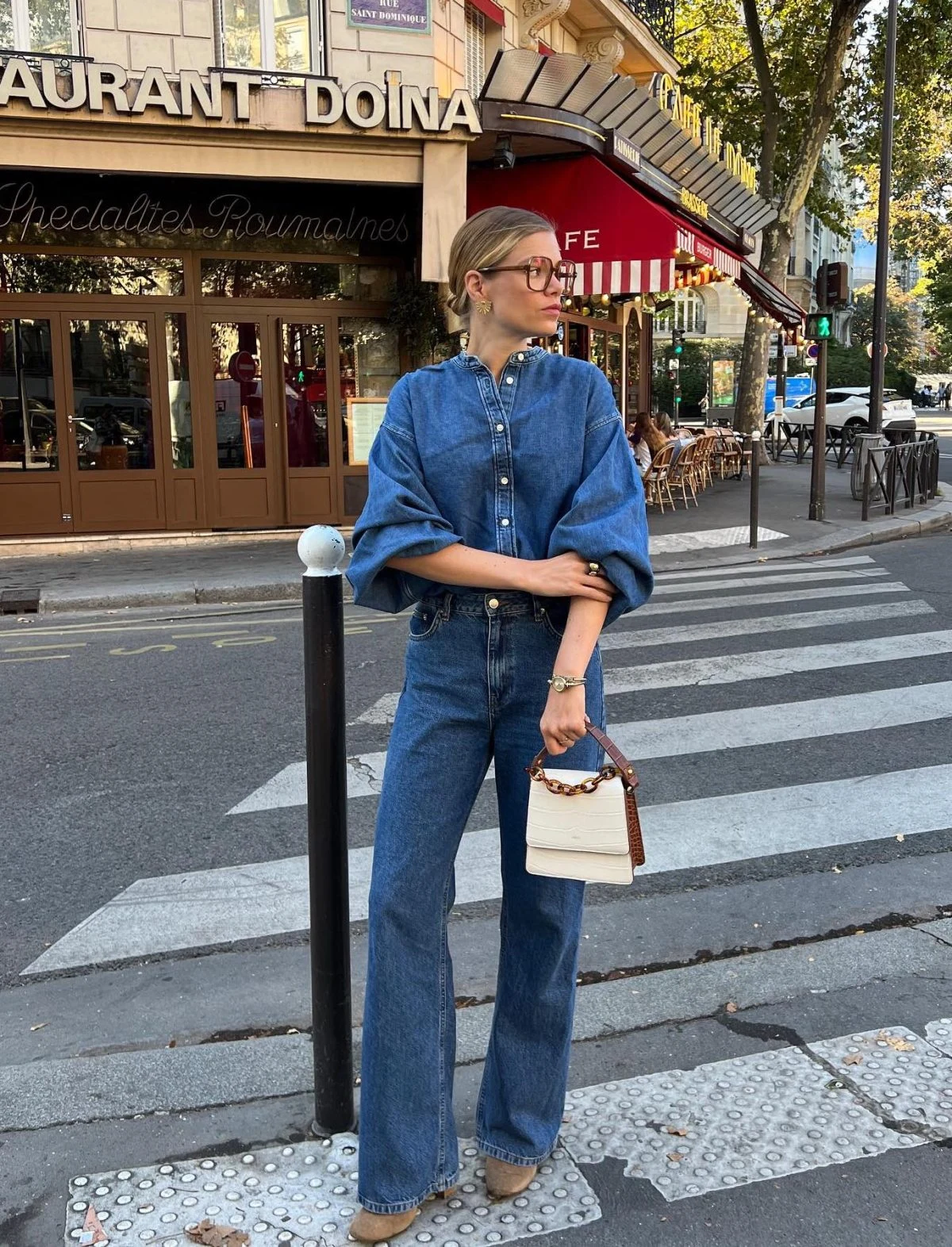 Oversized Denim Shirt Outfit with Wide-Leg Jeans