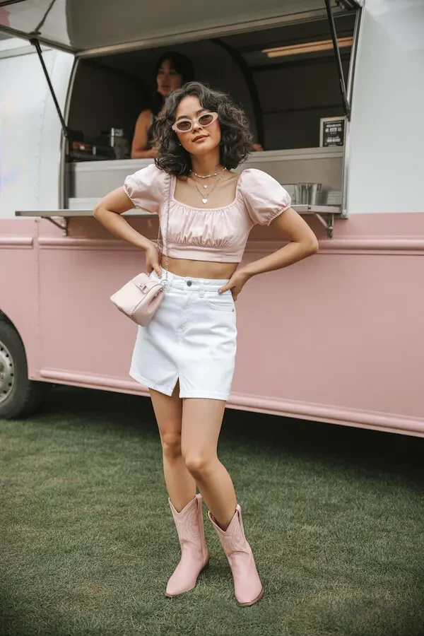 Pink Puff Sleeve Crop Top with White Denim Mini Skirt and Pink Cowboy Boots