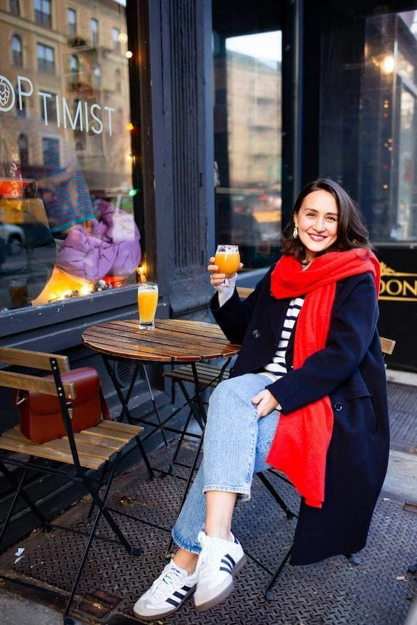 Navy Peacoat Red Scarf Outfit for Weekend Brunch