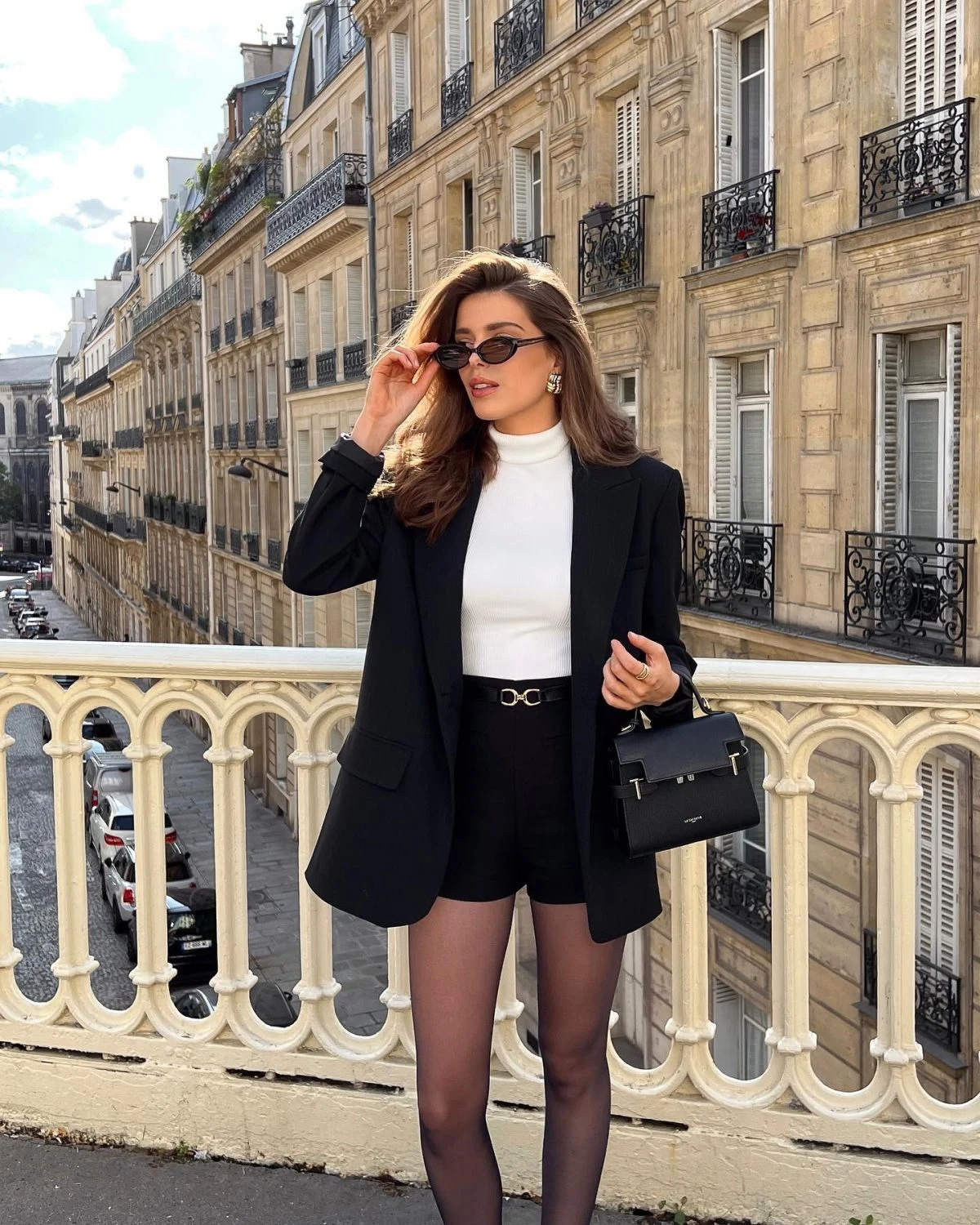 Black Blazer White Turtleneck Shorts Outfit with Tights