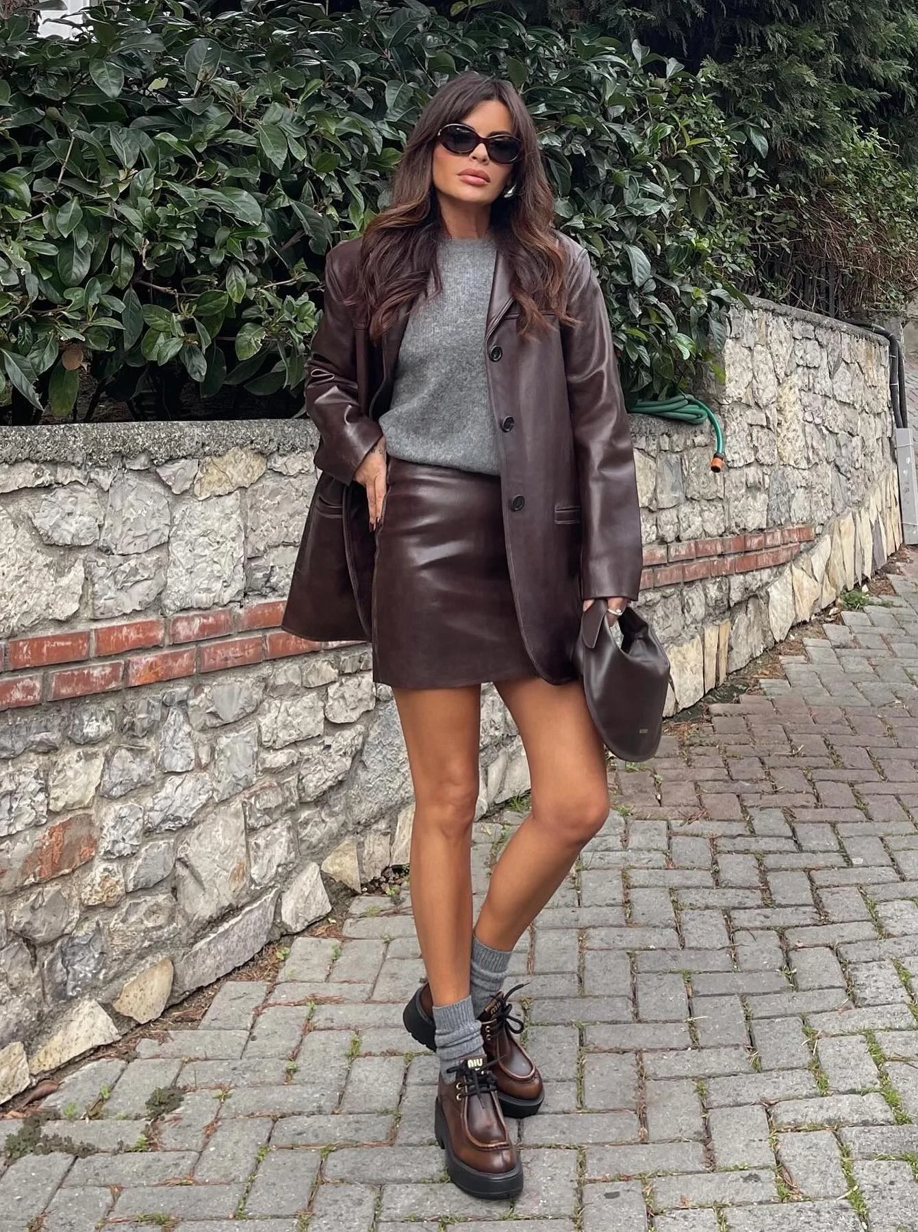 Brown Leather Blazer Mini Skirt Outfit with Platform Loafers