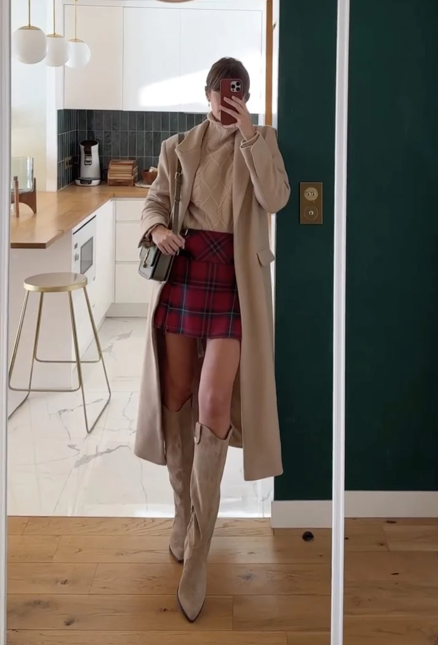 Camel Coat Red Plaid Mini Skirt Taupe Boots Outfit