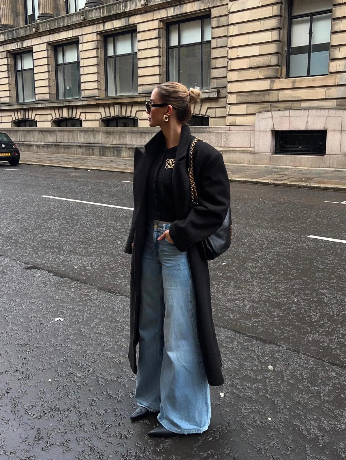 Black Coat Wide-Leg Jeans Gold Jewelry Outfit