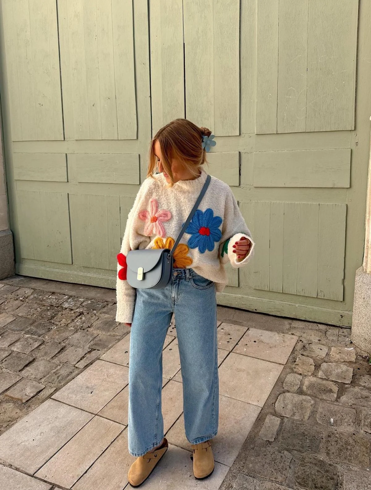 Cream Floral Appliqué Sweater with Wide-Leg Jeans Outfit