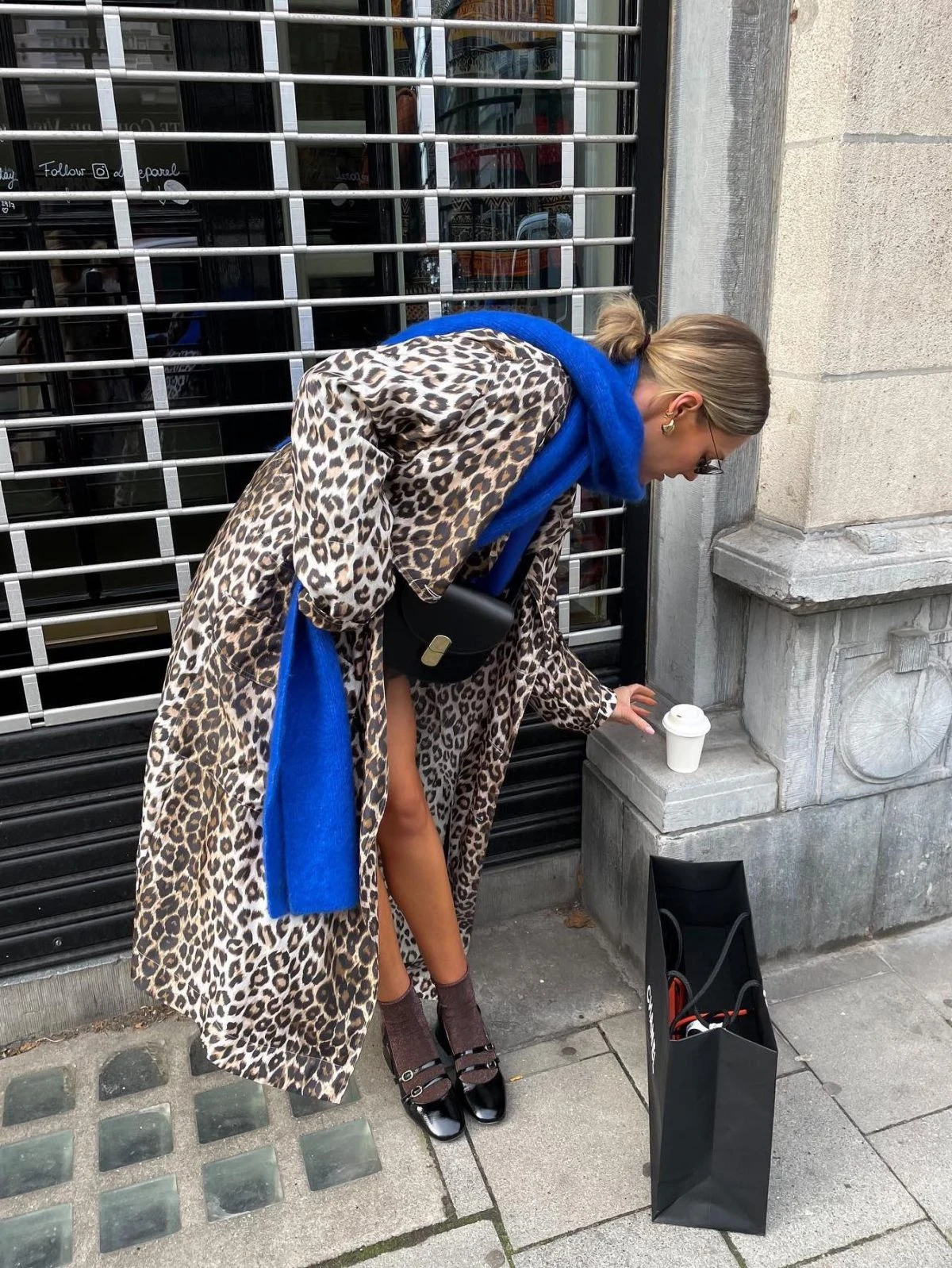 Leopard Coat Cobalt Blue Dress Outfit with Mary Janes