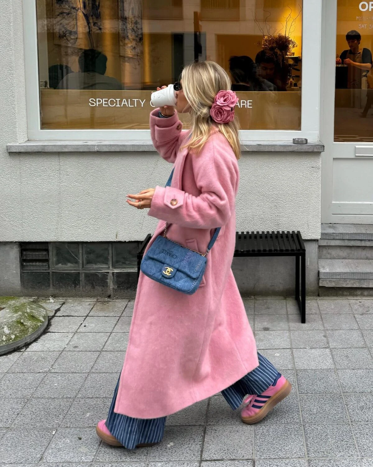 Pink Wool Coat Outfit with Striped Wide-Leg Trousers
