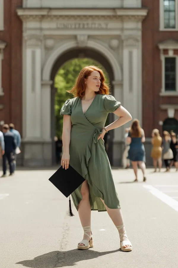 Sage Green Wrap Dress with Puff Sleeves and Espadrille Sandals