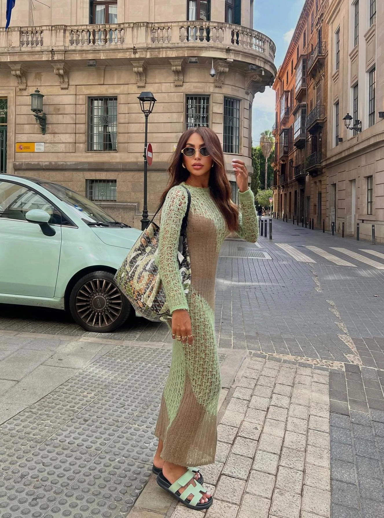 Sage Green Crochet Maxi Dress Outfit with Patchwork Tote