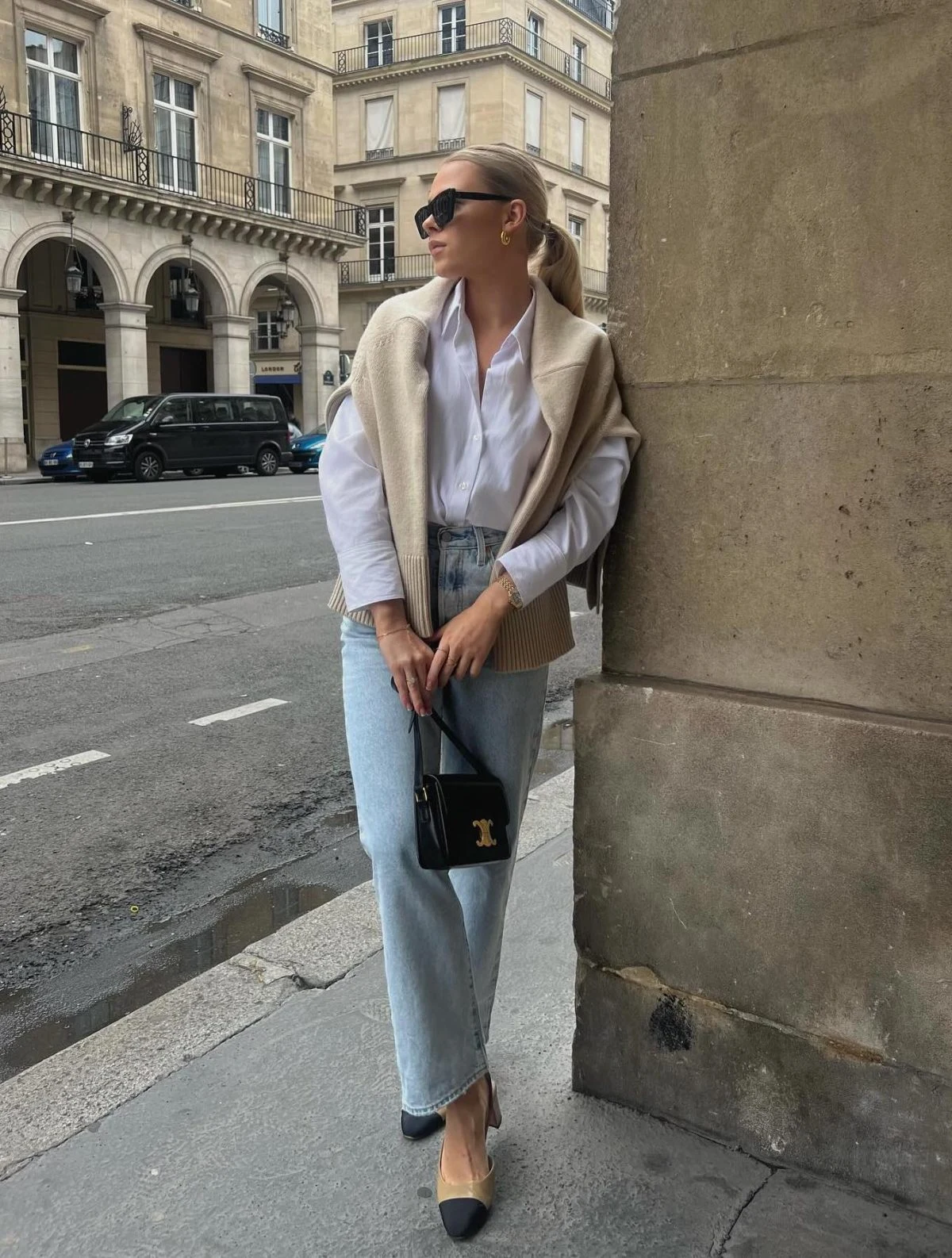 Beige Knit Vest White Shirt Light Wash Jeans Outfit