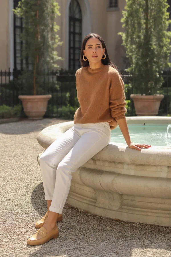 Camel Turtleneck White Trousers Outfit with Tan Loafers