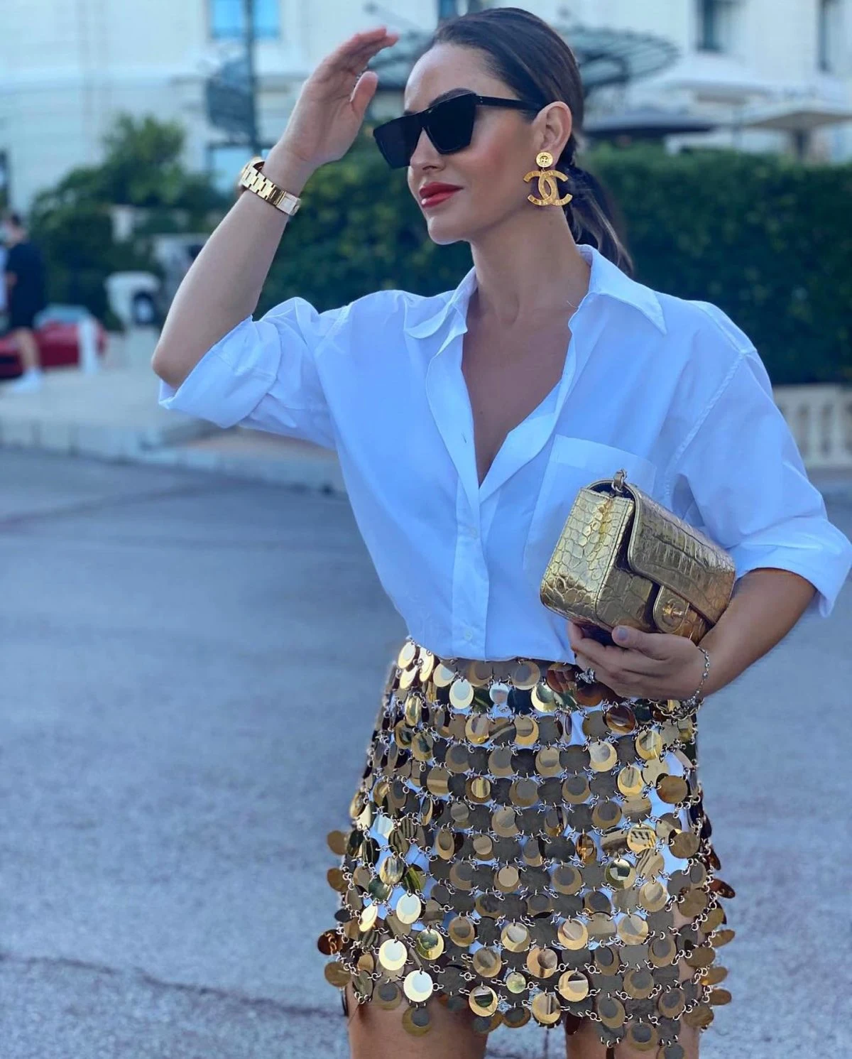 White Shirt Gold Sequin Skirt Outfit